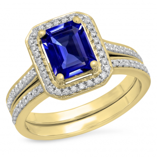 1.50 Carat (ctw) 10K Yellow Gold Emerald Cut Violet-Blue & Round White Cubic Zirconia CZ Ladies Halo Style Bridal Engagement Ring Set 1 1/2 CT