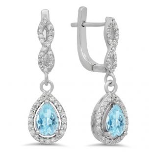 1.30 Carat (ctw) 10K White Gold Pear Cut Aquamarine & Round Cut White Diamond Ladies Halo Style Dangling Drop Earrings