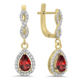1.30 Carat (ctw) 14K Yellow Gold Pear Cut Garnet & Round Cut White Diamond Ladies Halo Style Dangling Drop Earrings