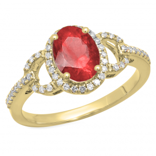1.45 Carat (ctw) 18K Yellow Gold Oval Cut Ruby & Round Cut White Diamond Ladies Bridal Halo Style Engagement Ring 1 1/2 CT