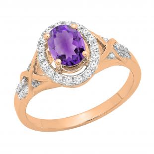 7x5mm Oval Amethyst & Round White Diamond Split Shank Halo Engagement Ring for Women (0.25 ctw, Color I-J, Clarity I1-I2) 18K Rose Gold