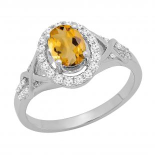7x5mm Oval Citrine & Round White Diamond Split Shank Halo Engagement Ring for Women (0.25 ctw, Color I-J, Clarity I2-I3) 10K White Gold