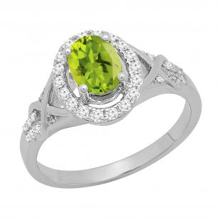 7x5mm Oval Peridot & Round White Diamond Split Shank Halo Engagement Ring for Women (0.25 ctw, Color I-J, Clarity I1-I2) 18K White Gold