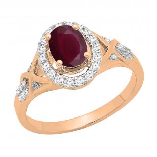 7x5mm Oval Ruby & Round White Diamond Split Shank Halo Engagement Ring for Women (0.25 ctw, Color I-J, Clarity I1-I2) 18K Rose Gold