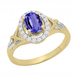 7x5mm Oval Tanzanite & Round White Diamond Split Shank Halo Engagement Ring for Women (0.25 ctw, Color I-J, Clarity I1-I2) 14K Yellow Gold
