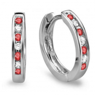 0.18 Carat (ctw) 10K White Gold Small Round Ruby & White Diamond Huggie Hoop Earrings