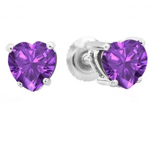 1.00 Carat (ctw) 18K White Gold Heart Shape Natural Amethyst Ladies Stud Earrings 1 CT
