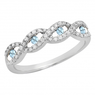 0.28 Carat (ctw) 18K White Gold Round Aquamarine & White Diamond Ladies Bridal Stackable Anniversary Wedding Band Swirl Ring 1/4 CT