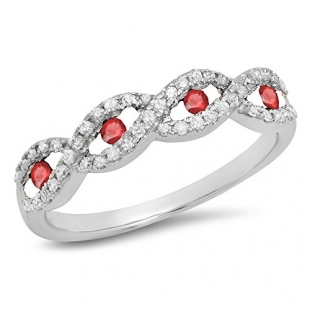 0.28 Carat (ctw) 18K Yellow Gold Round Ruby & White Diamond Ladies Bridal Stackable Anniversary Wedding Band Swirl Ring 1/4 CT