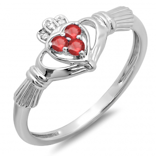0.15 Carat (Ctw) 10k White Gold Round Ruby & White Diamond Ladies Bridal Promise Irish Love And Friendship Band Claddagh Heart Shape Ring