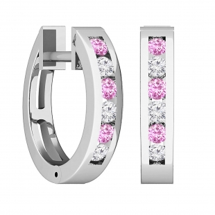 0.36 Carat (ctw) 14k White Gold Round Pink Sapphire & White Diamond Ladies Huggie Hoop Earrings 1/3 CT