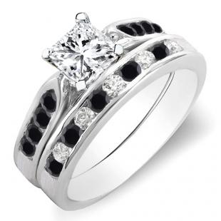 1.10 Carat (ctw) 14K White Gold Princess & Round Cut Black & White Diamond Ladies Bridal Engagement Ring Set With Matching Band 1 CT