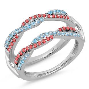 0.50 Carat (ctw) 14K White Gold Round Ruby & Blue Topaz Ladies Swirl Style Anniversary Wedding Band Guard Double Ring 1/2 CT