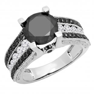 5.00 Carat (ctw) 14K White Gold Round Black & White Diamond Ladies Vintage Style Solitaire With Accents Bridal Engagement Ring 5 CT