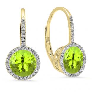 3.70 Carat (ctw) 14K Yellow Gold Round Cut Peridot & White Diamond Ladies Halo Style Dangling Drop Earrings