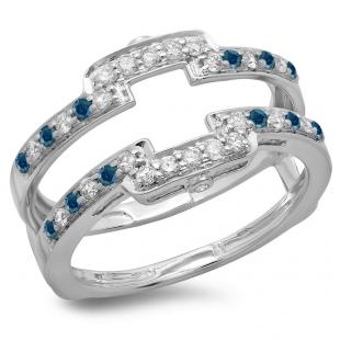 0.50 Carat (ctw) 10K White Gold Round Cut Blue & White Diamond Ladies Anniversary Wedding Band Enhancer Guard Double Ring 1/2 CT