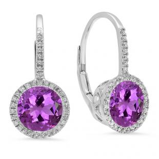 3.70 Carat (ctw) 18K White Gold Round Cut Amethyst & White Diamond Ladies Halo Style Dangling Drop Earrings