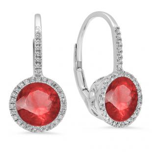 3.70 Carat (ctw) 18K White Gold Round Cut Ruby & White Diamond Ladies Halo Style Dangling Drop Earrings