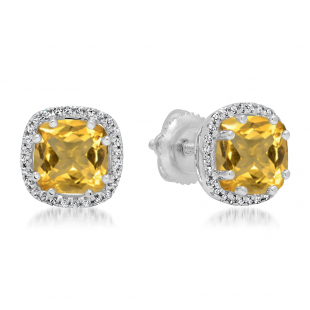 2.40 Carat (ctw) 10K White Gold Cushion Cut Citrine & Round Cut White Diamond Ladies Halo Style Stud Earrings