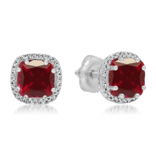 2.40 Carat (ctw) 10K White Gold Cushion Cut Ruby & Round Cut White Diamond Ladies Halo Style Stud Earrings