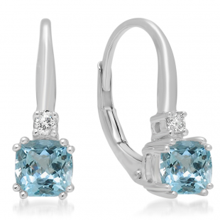 1.05 Carat (ctw) 14K White Gold Cushion Cut Aquamarine & Round Cut White Diamond Ladies Dangling Drop Earrings 1 CT