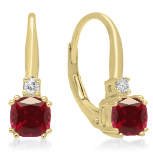 1.05 Carat (ctw) 14K Yellow Gold Cushion Cut Ruby & Round Cut White Diamond Ladies Dangling Drop Earrings 1 CT