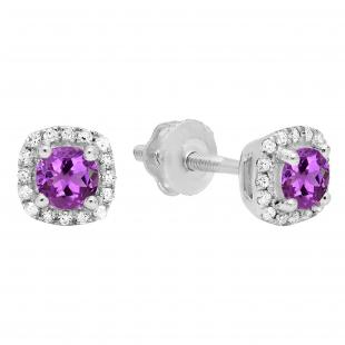 0.45 Carat (ctw) 14K White Gold Round Cut Amethyst & White Diamond Ladies Halo Style Stud Earrings 1/2 CT