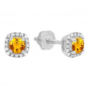 0.45 Carat (ctw) 10K White Gold Round Cut Citrine & White Diamond Ladies Halo Style Stud Earrings 1/2 CT