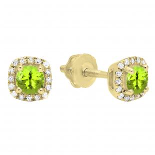 0.45 Carat (ctw) 14K Yellow Gold Round Cut Peridot & White Diamond Ladies Halo Style Stud Earrings 1/2 CT