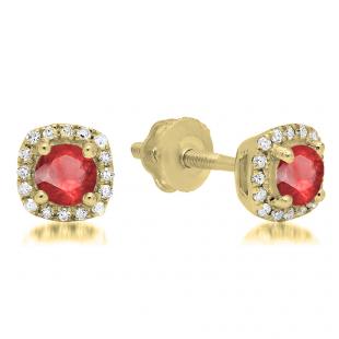 0.45 Carat (ctw) 10K Yellow Gold Round Cut Ruby & White Diamond Ladies Halo Style Stud Earrings 1/2 CT