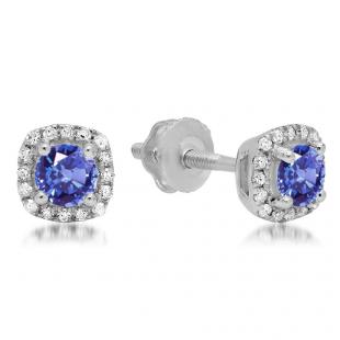 0.45 Carat (ctw) 10K White Gold Round Cut Tanzanite & White Diamond Ladies Halo Style Stud Earrings 1/2 CT