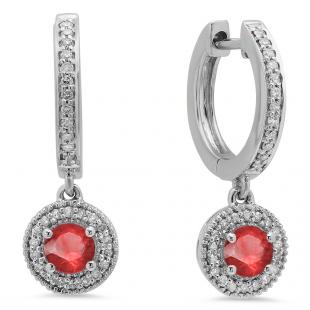 0.70 Carat (ctw) 18K White Gold Round Ruby & White Diamond Ladies Halo Style Dangling Drop Earrings 3/4 CT