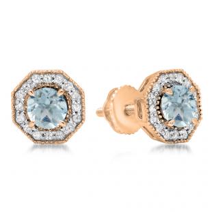 1.50 Carat (ctw) 14K Rose Gold Round Cut Aquamarine & White Diamond Ladies Halo Style Stud Earrings 1 1/2 CT