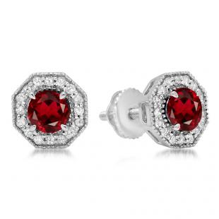 1.50 Carat (ctw) 10K White Gold Round Cut Garnet & White Diamond Ladies Halo Style Stud Earrings 1 1/2 CT