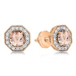 1.50 Carat (ctw) 14K Rose Gold Round Cut Morganite & White Diamond Ladies Halo Style Stud Earrings 1 1/2 CT