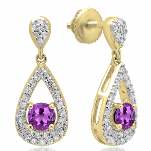 1.50 Carat (ctw) 14K Yellow Gold Round Cut Amethyst & White Diamond Ladies Dangling Drop Earrings 1 1/2 CT