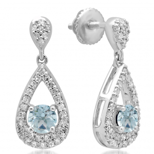 1.50 Carat (ctw) 14K White Gold Round Cut Aquamarine & White Diamond Ladies Dangling Drop Earrings 1 1/2 CT
