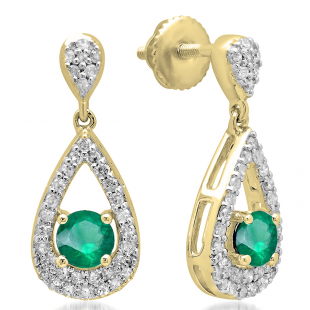 1.50 Carat (ctw) 10K Yellow Gold Round Cut Emerald & White Diamond Ladies Dangling Drop Earrings 1 1/2 CT