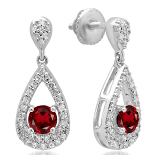 1.50 Carat (ctw) 14K White Gold Round Cut Garnet & White Diamond Ladies Dangling Drop Earrings 1 1/2 CT