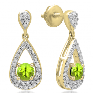 1.50 Carat (ctw) 14K Yellow Gold Round Cut Peridot & White Diamond Ladies Dangling Drop Earrings 1 1/2 CT