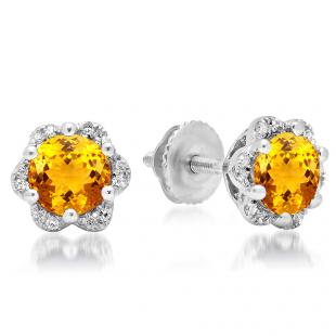 1.95 Carat (ctw) 10K White Gold Round Cut Citrine & White Diamond Ladies Flower Shape Cluster Fashion Stud Earrings 2 CT