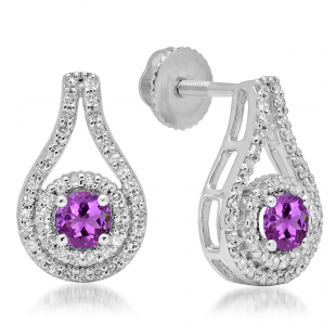 1.10 Carat (ctw) 18K White Gold Round Cut Amethyst & White Diamond Ladies Halo Style Drop Earrings 1 CT