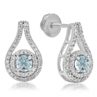 1.10 Carat (ctw) 18K White Gold Round Cut Aquamarine & White Diamond Ladies Halo Style Drop Earrings 1 CT