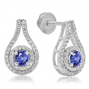 1.10 Carat (ctw) 18K White Gold Round Cut Tanzanite & White Diamond Ladies Halo Style Drop Earrings 1 CT