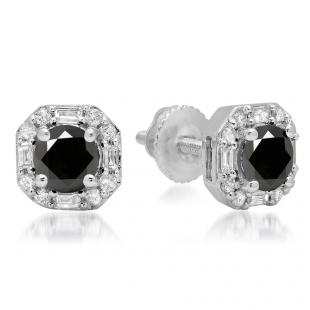 1.40 Carat (ctw) 14K White Gold Round Cut Black & Baguette & Round Cut White Diamond Ladies Halo Style Stud Earrings