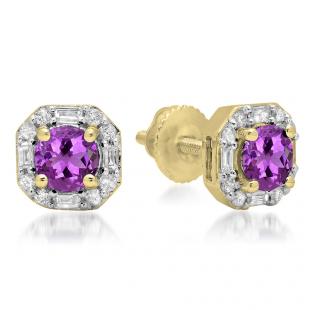 1.40 Carat (ctw) 18K Yellow Gold Round Cut Amethyst & Baguette & Round Cut White Diamond Ladies Halo Style Stud Earrings