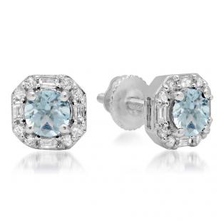 1.40 Carat (ctw) 18K White Gold Round Cut Aquamarine & Baguette & Round Cut White Diamond Ladies Halo Style Stud Earrings