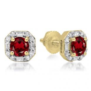 1.40 Carat (ctw) 18K Yellow Gold Round Cut Garnet & Baguette & Round Cut White Diamond Ladies Halo Style Stud Earrings