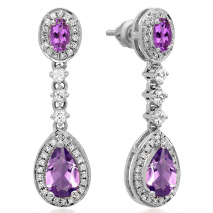 2.65 Carat (ctw) 18K White Gold Pear & Oval Cut Amethyst & Round Cut White Sapphire & White Diamond Ladies Halo Style Dangling Drop Earrings