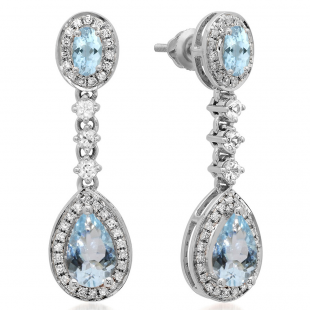 2.65 Carat (ctw) 14K White Gold Pear & Oval Cut Aquamarine & Round Cut White Sapphire & White Diamond Ladies Halo Style Dangling Drop Earrings